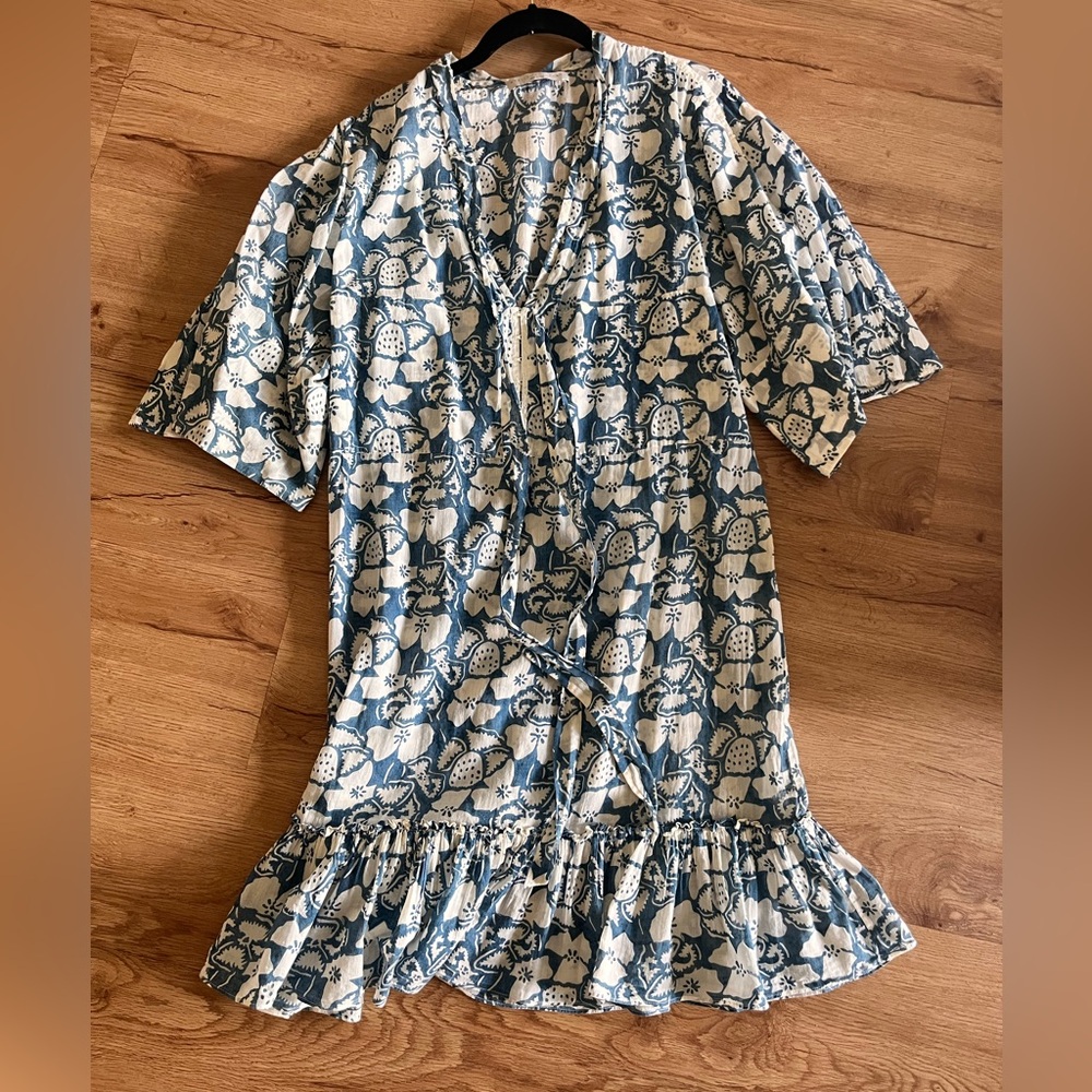 Stella McCartney Blue Floral 100% Cotton Dress V-Neck Ruffle Hem